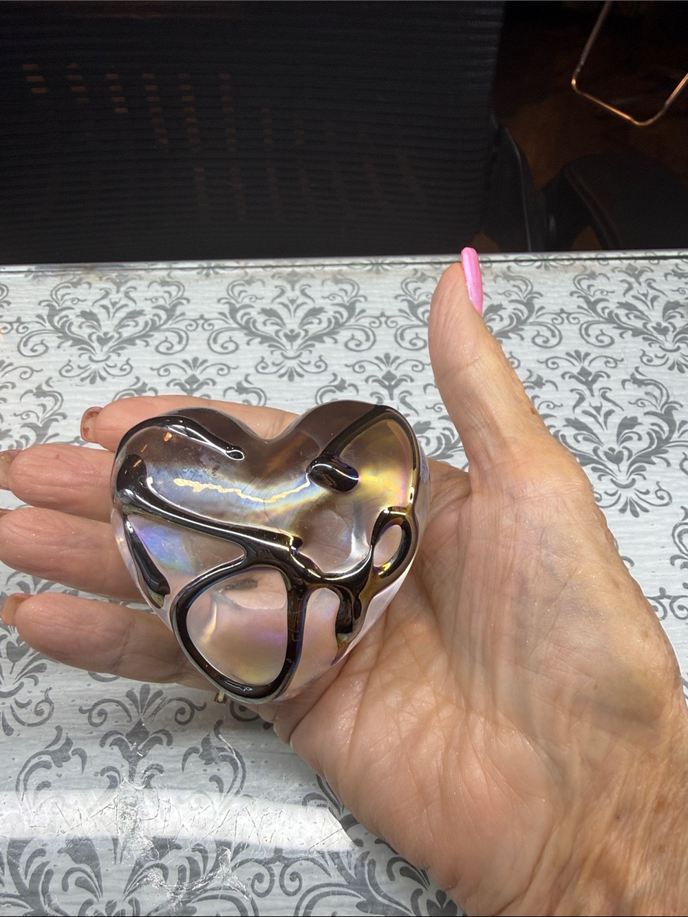 Iridescent Heart Paperweight - Sculptural Glass Accent